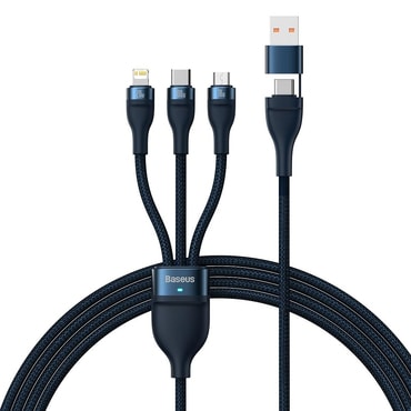 Töltő és adat 100W USB 2x USB-C, Lightning, Micro-USB káfehér Baseus "Flash Series 2" - 1.2m - blue