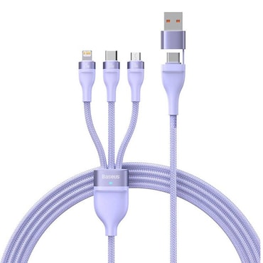 Töltő és adatátviteli 100W USB - USB-C/Lightning/Micro-USB káfehér Baseus "Flash Series 2" - 1.2m - purple
