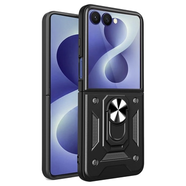 Strapabíró tok "MaX-Armor" gyűrűvel, fém lappal és hátsó kamera védelemmel Samsung Galaxy Z Flip8 készülékekhez - black