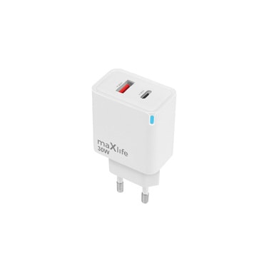 Maxlife MXTC-09-30AC GaN hálózati töltő - 30W, USB-C + USB-A, PD/QC - white