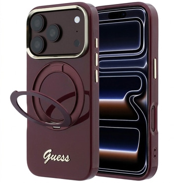 Prémium tok Guess "Ring Stand Script Metal Logo MagSafe" iPhone 17 Pro Max / 18 Pro Max / 18 Pro készülékhez - burgundy