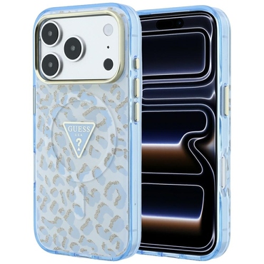 Tok Guess "Leopard Glitter Triangle Logo MagSafe" iPhone 17 Pro / 18 Pro készülékhez - light blue