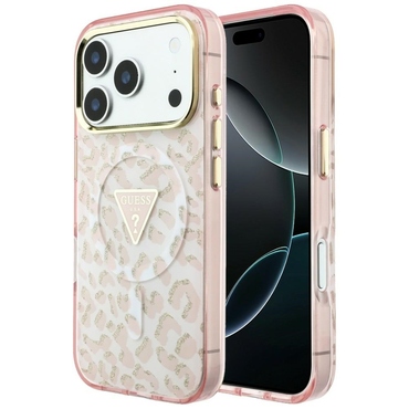Tok Guess "Leopard Glitter Triangle Logo MagSafe" iPhone 17 Pro / 18 Pro / 18 Pro készülékhez - pink