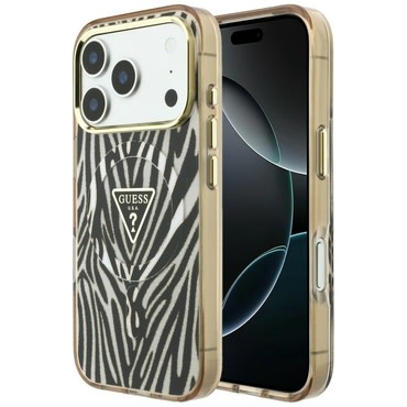 Prémium tok Guess "Zebra Glitter Triangle Logo MagSafe" iPhone 17 Pro Max / 18 Pro Max készülékhez - gold
