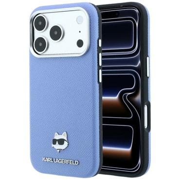 Prémium tok Karl Lagerfeld "Grained Leather Choupette Head MagSafe" iPhone 17 Pro / 18 Pro / 18 Pro Max készülékhez - light blue