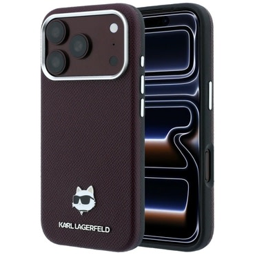 Prémium tok Karl Lagerfeld "Grained Leather Choupette Head MagSafe" iPhone 17 Pro / 18 Pro / 18 Pro Max készülékhez - burgundy