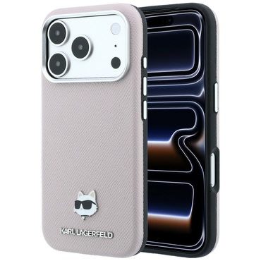 Prémium tok Karl Lagerfeld "Grained Leather Choupette Head MagSafe" iPhone 17 Pro / 18 Pro / 18 Pro Max készülékhez - pink