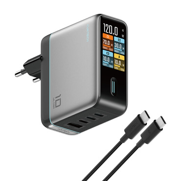 Fali töltő Cuktech "AD1204U" 120W, 3x USB-C, kijelzővel és érintésvezérléssel - grey