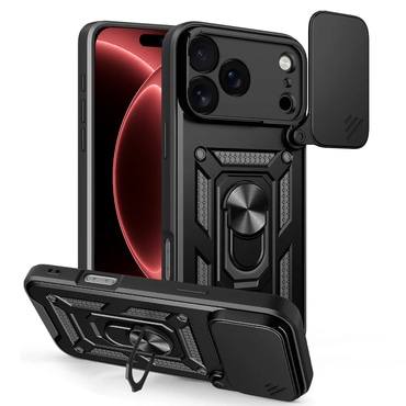 Strapabíró tok "MaX-Armor" gyűrűvel, fém lappal és hátsó kamera védelemmel iPhone 17 Pro Max / 18 Pro Max készülékekhez - black