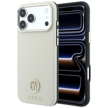 Prémium tok Guess "Grained Leather Round Strass Logo MagSafe" iPhone 17 Pro / 18 Pro készülékhez - beige