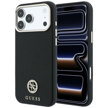 Prémium tok Guess "Grained Leather Round Strass Logo MagSafe" iPhone 17 Pro Max / 18 Pro Max készülékhez - black