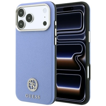 Prémium tok Guess "Grained Leather Round Strass Logo MagSafe" iPhone 17 Pro Max / 18 Pro Max készülékhez - light blue