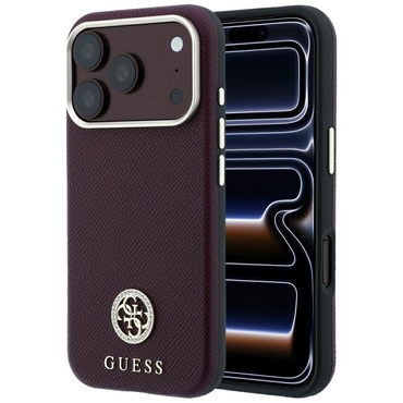 Prémium tok Guess "Grained Leather Round Strass Logo MagSafe" iPhone 17 Pro Max / 18 Pro Max észülékhez - burgundy