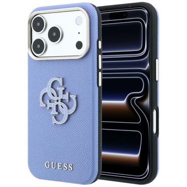 Tok Guess "Grained Leather és Big Resin Logo" iPhone 17 Pro / 18 Pro készülékhez - light blue