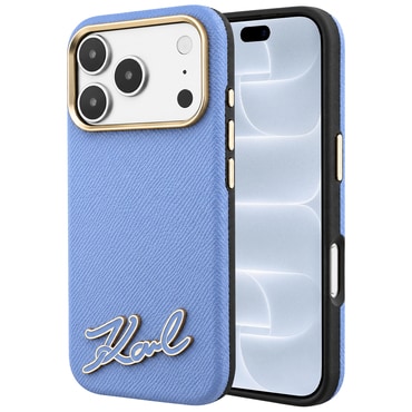 Prémium tok Karl Lagerfeld "Grained Leather with Resin Sign Logo MagSafe" iPhone 17 Pro / 18 Pro készülékhez - light blue
