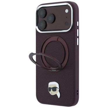 Prémium tok Karl Lagerfeld "Leather Ring Stand 360 C Pin" iPhone 17 Pro / 18 Pro készülékhez - burgundy
