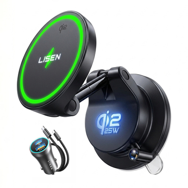 Vezeték nélküli 25W töltőállomás Lisen "W608 Pro" vákuumos tartóval Qi2.2 - black