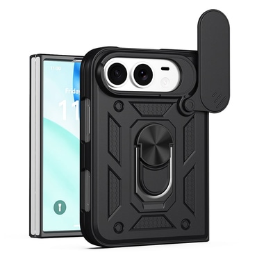 Strapabíró tok "MaX-Armor" gyűrűvel, fém lappal és hátsó kamera védelemmel iPhone Duo készülékekhez - army black
