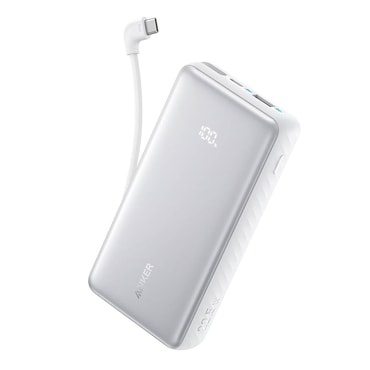 Power bank Anker "Zolo (A110DH21)" 10000mAh, 22.5W, beépített USB-C kábellel és digitális kijelzővel - white
