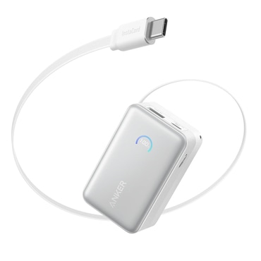 Power bank Anker "Nano (A1638H21)" 10000mAh, 45W, beépített USB-C kihúzható kábellel és intelligens kijelzővel - white