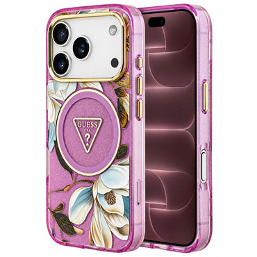 Tok Guess "IML Metal Glitter Flowers Triangle MagSafe" iPhone 17 Pro Max / 18 Pro Max készülékhez - purple