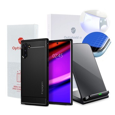 "Charge and Protect" Csomag 4 kiegészítővel - Tok Spigen + Vezeték Nélküli Töltőállomás + Lux Üvegfólia + 2in1 Tisztító szett