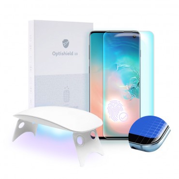 Prémium üvegfólia Optishield Lux Samsung Galaxy S10 készülékekhez és UV lámpa Prémium üvegfólia Optishield Lux Samsung Galaxy S10 készülékekhez és UV lámpa