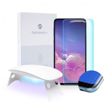 Prémium üvegfólia Optishield Lux Samsung Galaxy S10e készülékekhez és UV lámpa