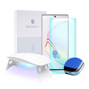 Prémium üvegfólia Optishield Lux Samsung Galaxy Note 10 készülékekhez és UV lámpa