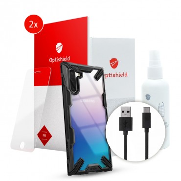 "Fusion X Opti" Csomag 5 telefonos kiegészítővel - Tok Ringke + 2x Optishield Pro Üvegfólia + Töltő Kábel + 2in1 Tisztító szett [57% megtakarítás!