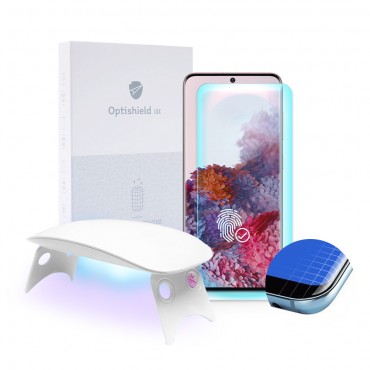 Prémium üvegfólia Optishield Lux Samsung Galaxy S20 készülékekhez és UV lámpa