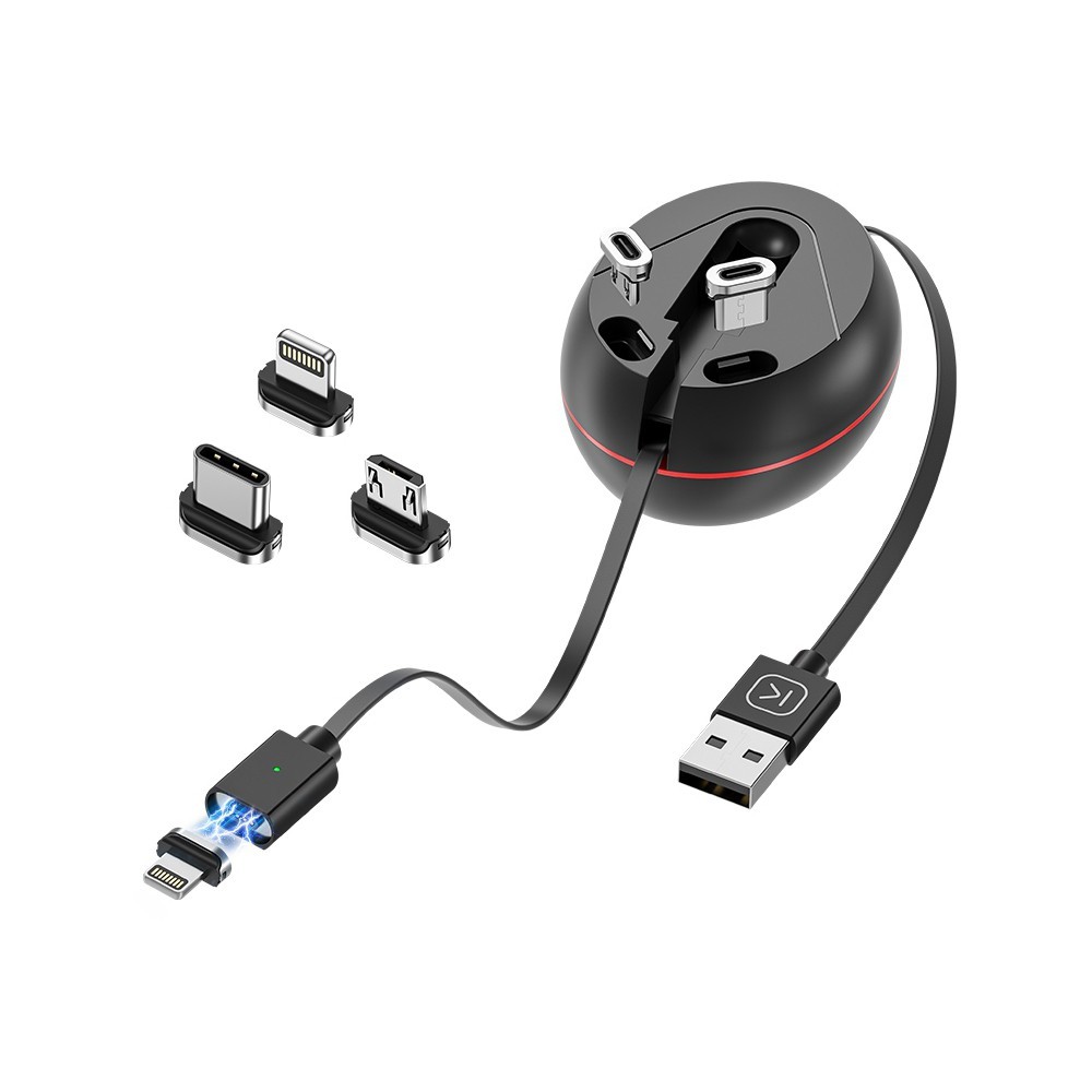 Praktikus összehajtható 3in1 kábel "Stretchy" USB-C, Micro USB és Lightning csatlakozókkal - fekete