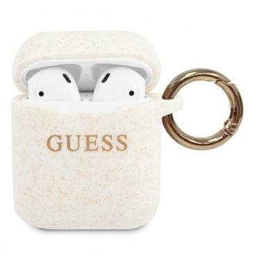 Eredeti szilikon tok Guess "Glitter" Apple AirPods készülékekhez - fehér