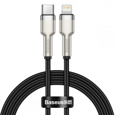 Fonott USB-C - Lightning kábel Baseus "Cafule Metal" 20W PD töltéssel - 1m - fekete
