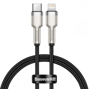Fonott USB-C - Lightning kábel Baseus "Cafule Metal" 20W PD töltéssel - 25cm - fekete