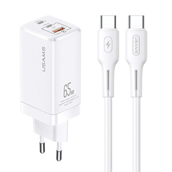 Fali töltő adapter Usams "MT" QC3.0, 65W PD és GaN technológiával, USB-A és két USB-C bemenettel, valamint USB-C - USB-C kábellel - fehér
