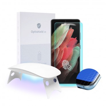 Prémium üvegfólia Optishield Lux Samsung Galaxy S21 Ultra készülékekhez és UV lámpa Prémium üvegfólia Optishield Lux Samsung Galaxy S21 Ultra készülékekhez és UV lámpa