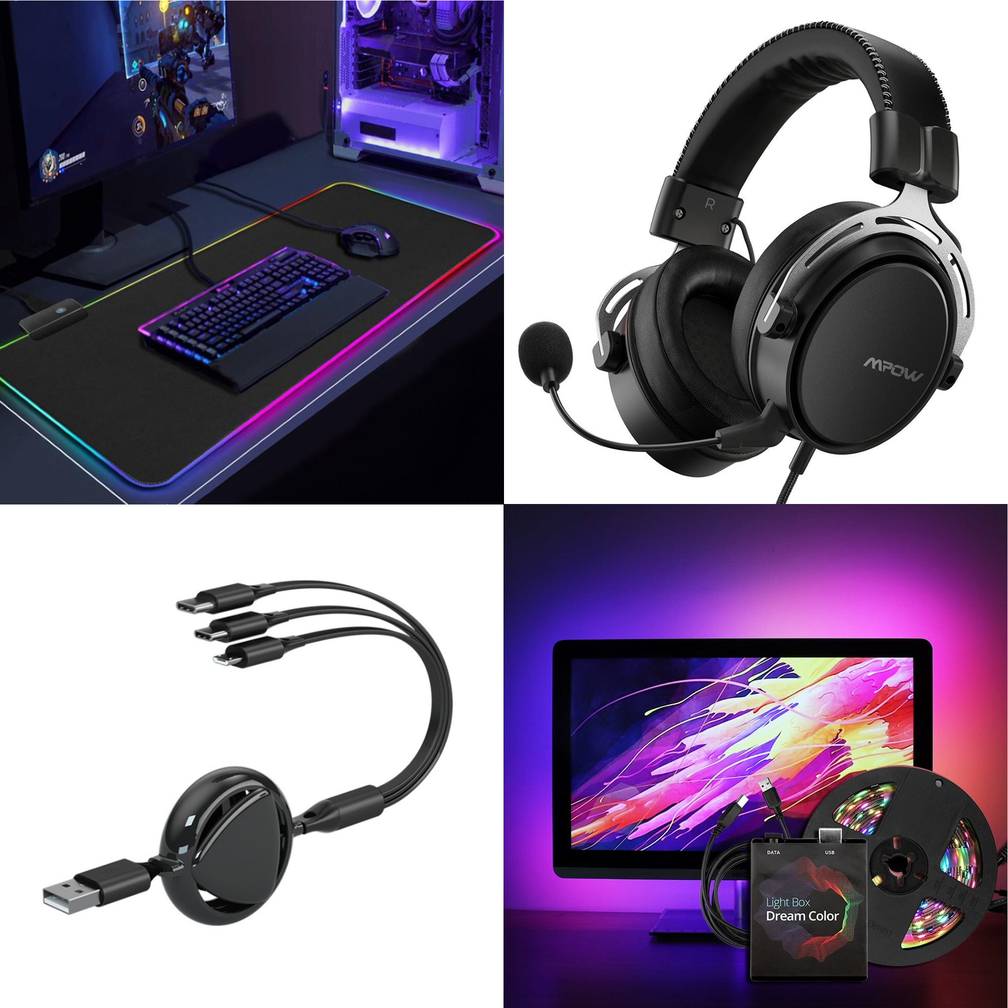 "Pro Gamer" csomag egérpaddal egérre és billentyűzetre, LED szalaggal kijelző világításra, gaming fülhallgatóval és 3in1 töltőkábellel