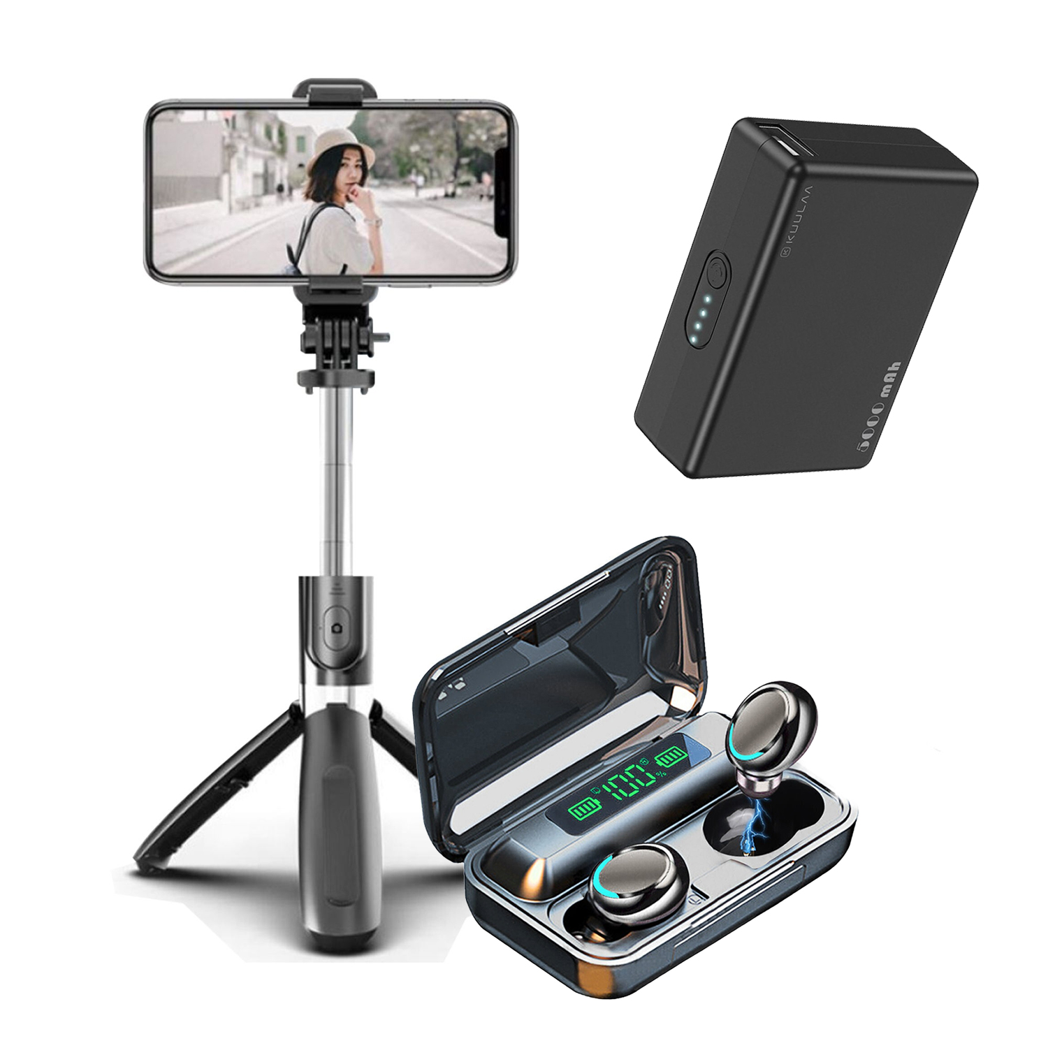 "TikTok" csomag tartóval videózáshoz, bluetooth fülhallgatóval, hordozható LED lámpával és power bankkal