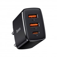 Töltő adapter Baseus "Compact" - fali töltő adapter három kimenettel és USB-C PD 3.0 és QC 3.0 töltéssel - fekete
