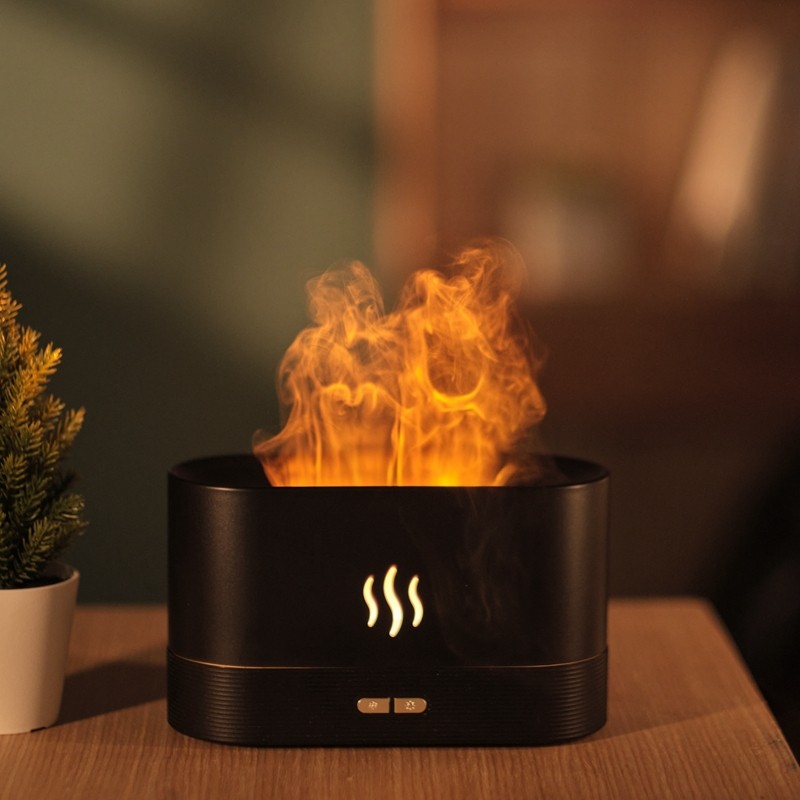 Levegőnedvesítő és diffúzor "Fireplace" szimulált láng fényeffektussal - fekete