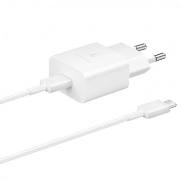 Eredeti fali töltő adapter Samsung T1510XWEGEU 15W USB-C kimenettel és töltőkábel és adatkábel Samsung EP-DA705BWEGWW USB-C - USB-C - fehér