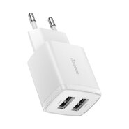 Fali töltő adapter Baseus "Compact Charger" 10.5W - fali töltő adapter két USB bemenettel - fehér