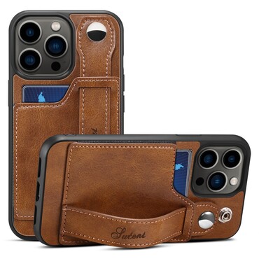Legújabb tok "Suteni Urban" iPhone 13 Pro készülékekhez - Presztízs dizájn vegán bőrből, praktikus szíjjal könnyebb tartásért és teljes védelemért - business brown