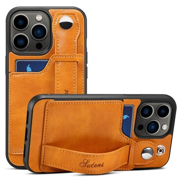Legújabb tok "Suteni Urban" iPhone 13 Pro készülékekhez - Presztízs dizájn vegán bőrből, praktikus szíjjal könnyebb tartásért és teljes védelemért - casual khaki