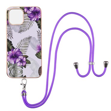 TPU gél tok "Purple Flowers" praktikus zsinórral hordozáshoz iPhone 13 Pro készülékekhez