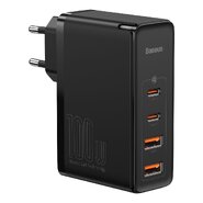 Fali töltő adapter Baseus "GaN2 Pro Quick Travel Charger" 100W két USB-A és két USB-C kimenettel és mellékelt USB-C kábellel - fekete
