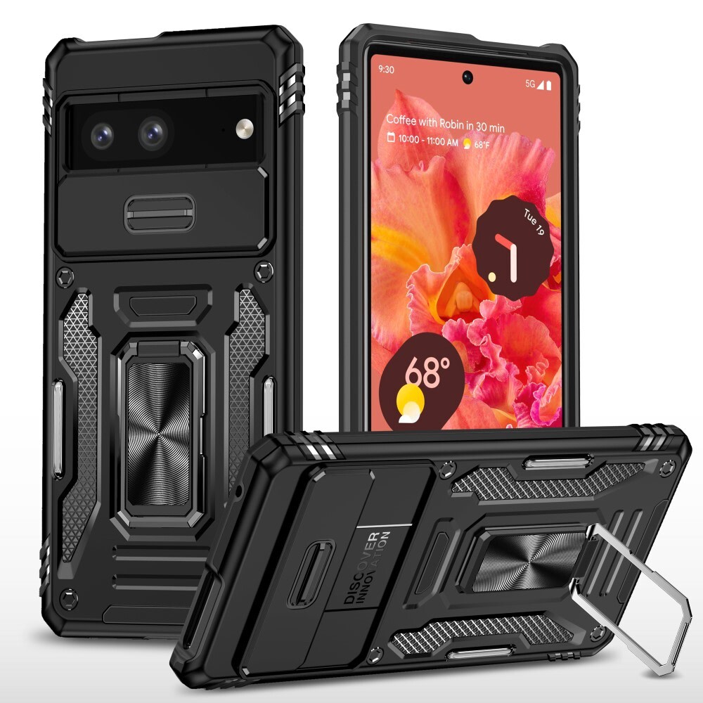 Strapabíró tok "MaX-Armor" gyűrűvel, fém lappal és hátsó kamera védelemmel Google Pixel 7a készülékekhez - army black