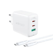 Fali töltő adapter Acefasat "Triple Power" 65W - PD, QC 3.0, AFC és FCP gyorstöltési standardokkal két USB-C és egy USB kimenettel, mellékelet USB-C - USB-C kábellel - fehér