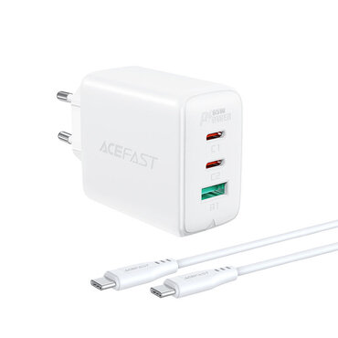 Fali töltő adapter Acefasat "Triple Power" 65W - PD, QC 3.0, AFC és FCP gyorstöltési standardokkal két USB-C és egy USB kimenettel, mellékelet USB-C - USB-C kábellel - fehér Fali töltő adapter Acefasat "Triple Power" 65W - PD, QC 3.0, AFC és FCP gyorstöltési standardokkal két USB-C és egy USB kimenettel, mellékelet USB-C - USB-C kábellel - fehér